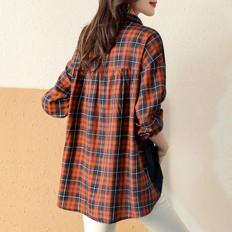 Fashion Printed Button Spliced Fake Two Pieces Plaid Blouse Women's Clothing 2022 Autumn New Casual Pullovers Loose Korean Shirt
