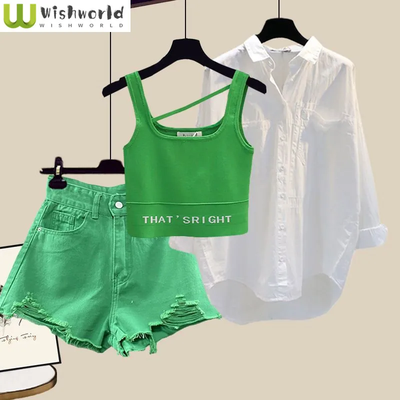 2024 Summer New Perforated Denim Shorts White Shirt Blouse Strap Tank Top Three Piece Elegant Women's Pants Set low water level filter small fish tank shallow water waterfall type built in three in one circulating water pump