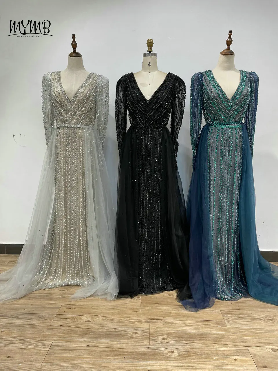 MYMB Elegantes Meerjungfrau-Abendkleid mit langen Ärmeln für Hochzeit, Party, arabisches Luxus-Perlen-V-Ausschnitt-Kleid für die Brautmutter USMA002B – Detail 13