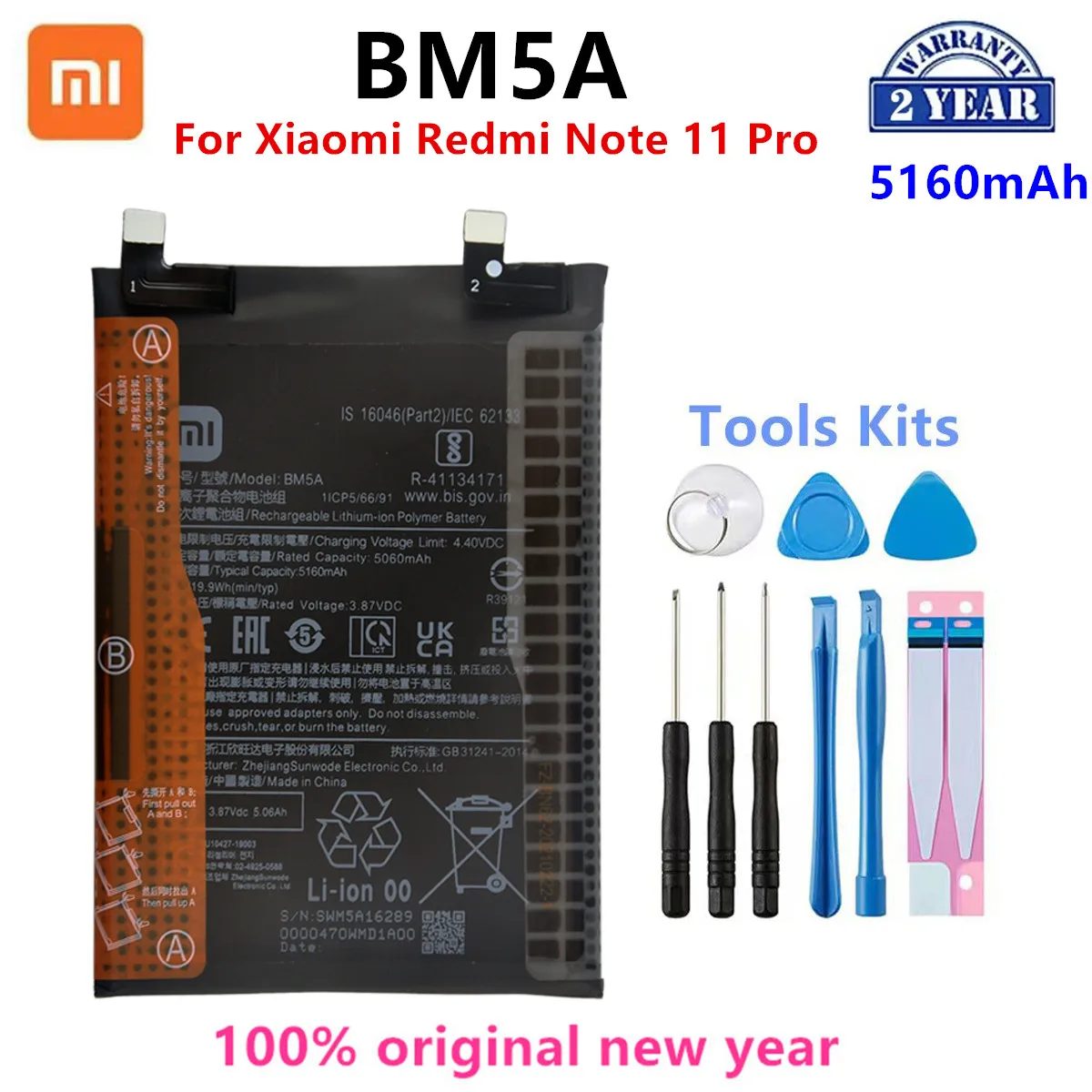 

Оригинальный аккумулятор Xiao mi 100% BM5A 5160 мАч для Xiaomi MIUI Redmi Note 11 Pro 11pro, сменные батареи для телефона + Инструменты