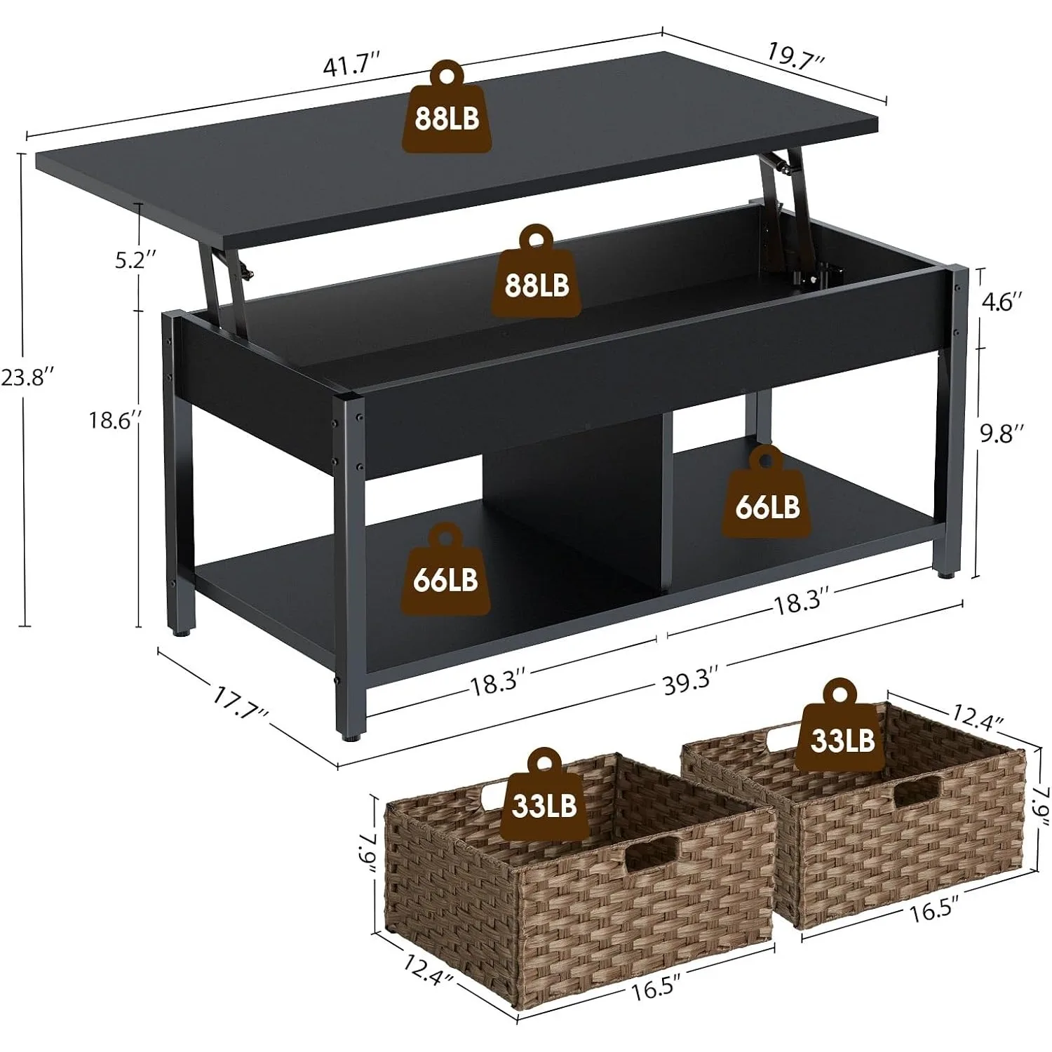 Coffee Table with Lift Top, Hidden Storage Compartment and 2 Rattan Baskets, 41.7" Retro Central Table with Wooden Tabletop 3