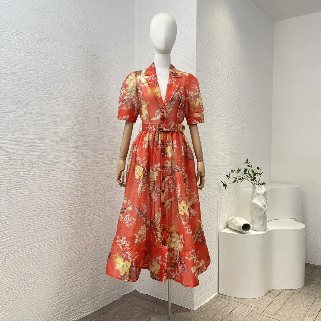 

Silk Linen Latest Collection High Quality Vintage Floral Print Jacinth Short Sleeve Buttons Belted Women Red Midi Dress