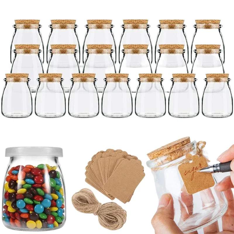 

5Pcs Empty 100/200ML Glass Storage Jars w/ Cork Lids Reusable Glass Containers w/ Tags and Ropes For DIY Candle Pudding Jam