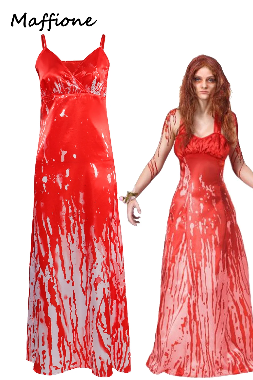 

Women Horror Movie Carrie White Cosplay Sexy Blood Red Slip Printed Dress Costume Adult Girls Halloween Party Roleplay Suit