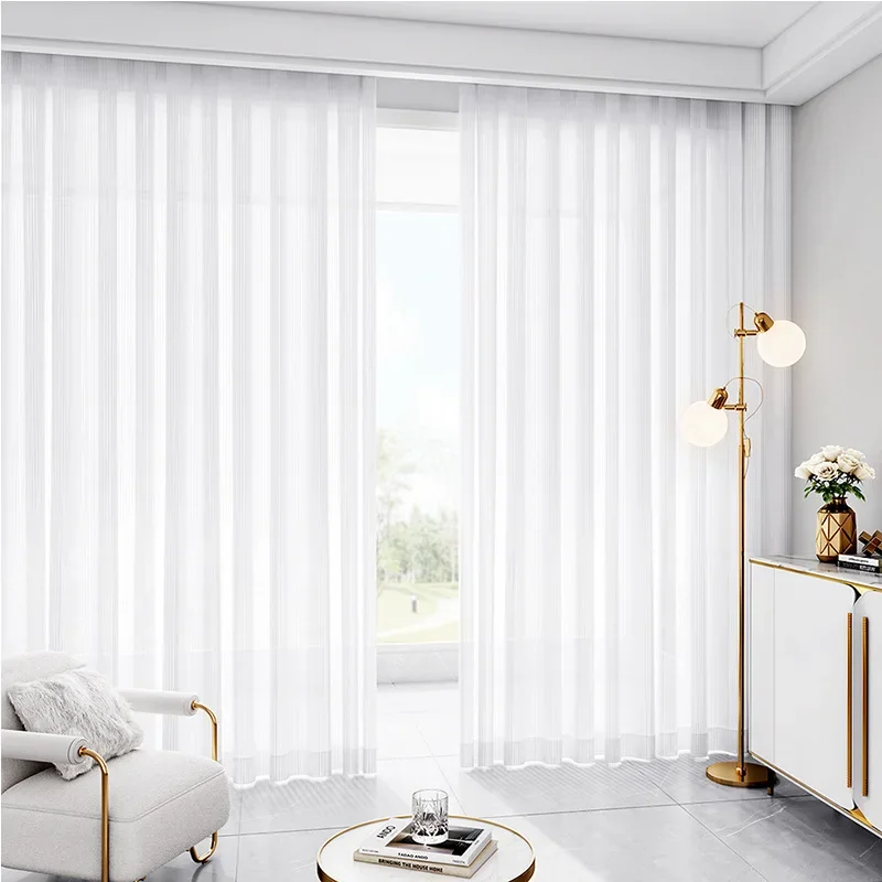 1pc Solid White Vertical Stripes Tulle Luxurious Chiffon Sheer Window Curtains for Living Room Modern Voile Organza Drapes 2