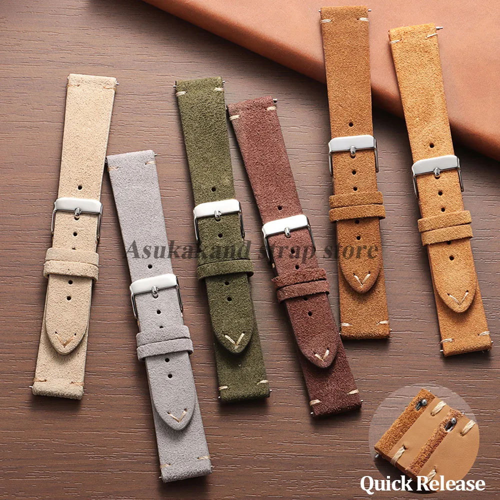 Genuine Leather Quick Release Watch Band with Soft Suede Strap - Calfskin Bracelet