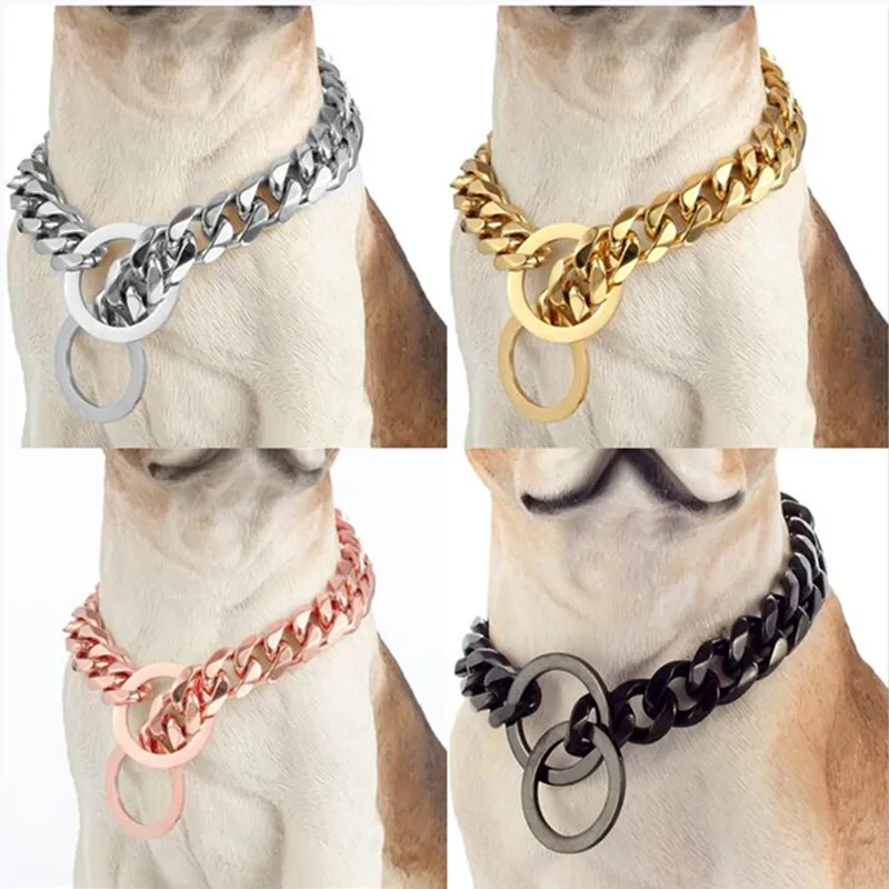 

Dog Chain Collar Cuban Link Chain Gold Tone/Black Tone/Rose Gold Stainless Steel P Chain 12-26inch for Small Medium Large Dogs