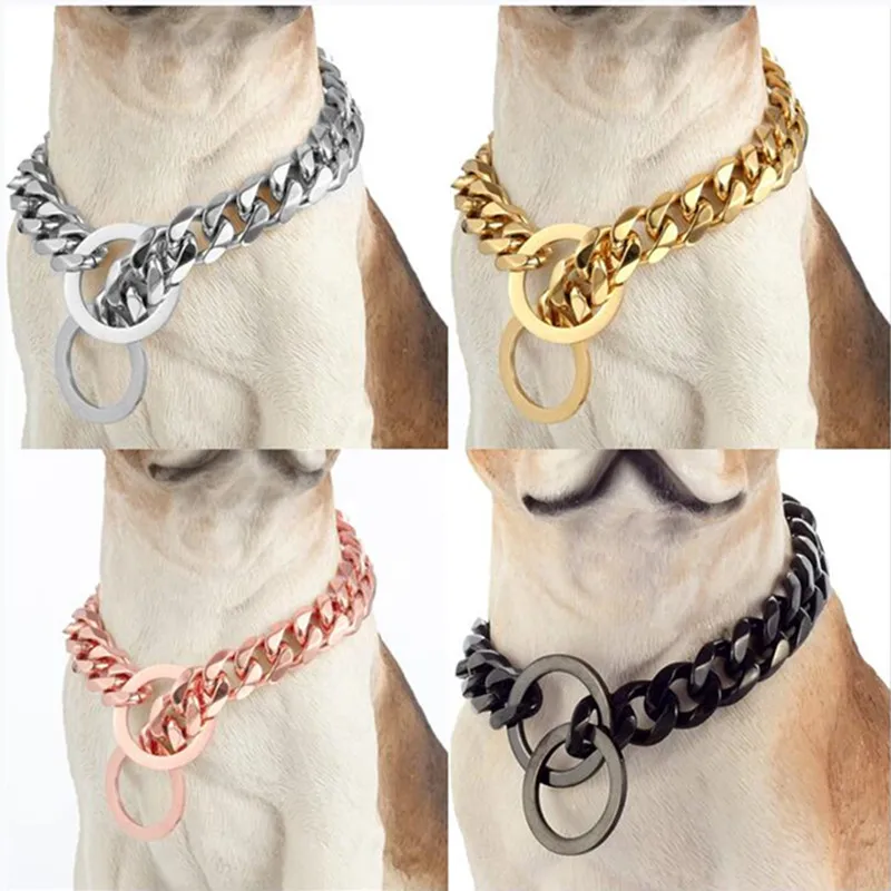 Dog Chain Collar Cuban Link Chain Gold Tone/Black Tone/Rose Gold Stainless Steel P Chain 12-26inch for Small Medium Large Dogs