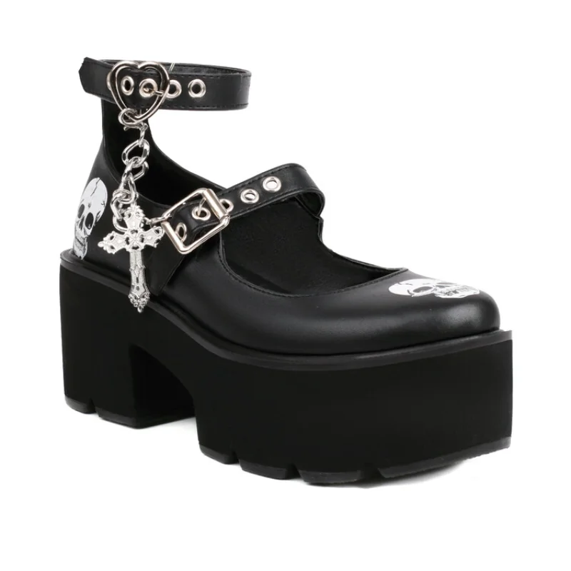 2023 Gothic Cross Chain Detachable Skull Platform Platform Shoes Lolita Small Leather Shoes Mary Jane K9881