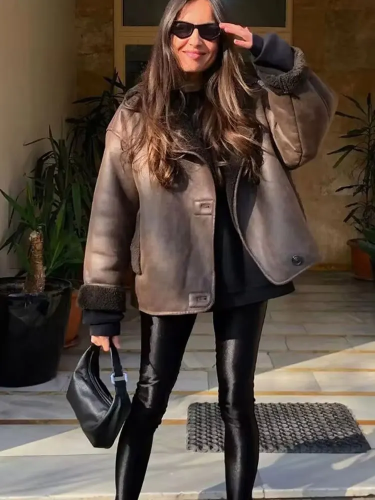 HH Faux Leather Jackets For Women Winter Warm Fleece Long Sleeve Lapel Coat Fashion Female Vintage Oversized Outerwear