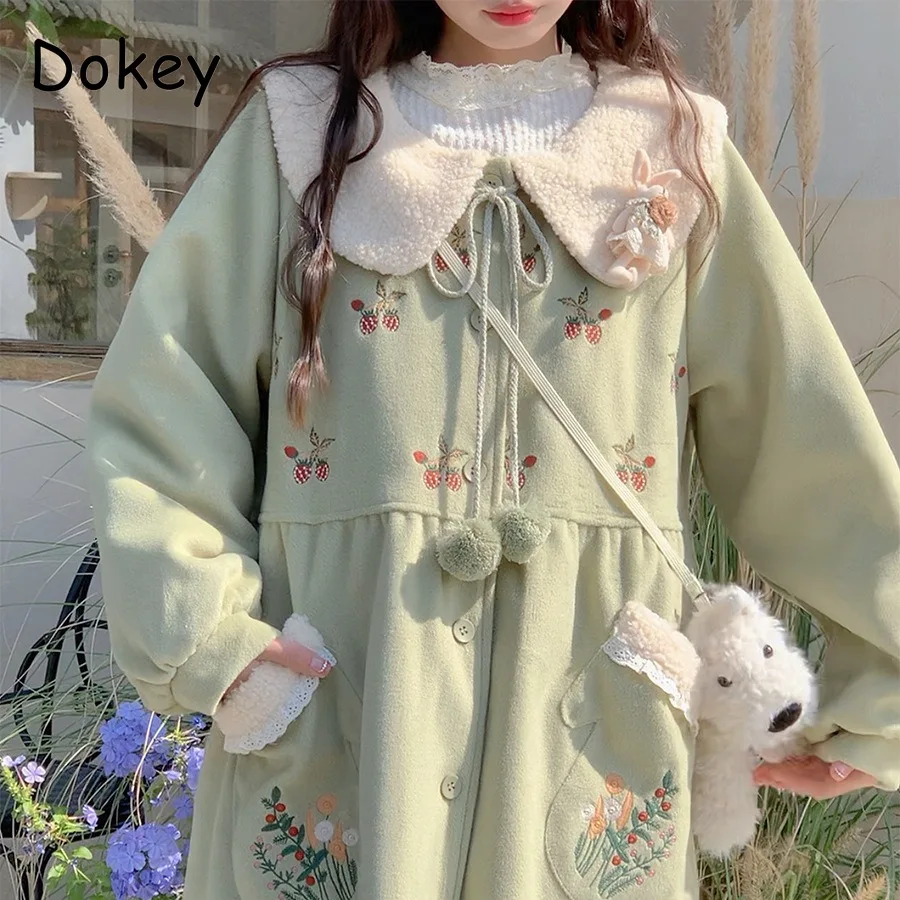 

Vintage Green Embroidery Lolita Style Long Woolen Coat Women Japanese Mori Lamb Wool Peter Pan Collar Patchwork Kawaii Overcoat