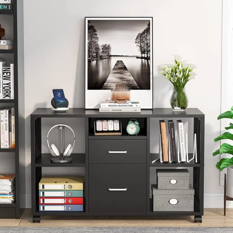 

Шкаф для документов Tribesigns с 2 выдвижными ящиками, Современная подставка для рулонного принтера и блок для хранения с запираемыми колесами