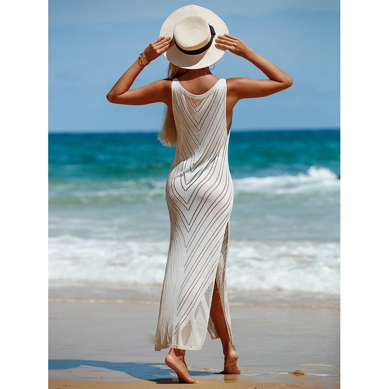 Knitted Long Beach Dress White Sleeveless Tank Top Women's Summer Crochet Dress Outerwear For Beach Swimsuit Cover Up Beachwear