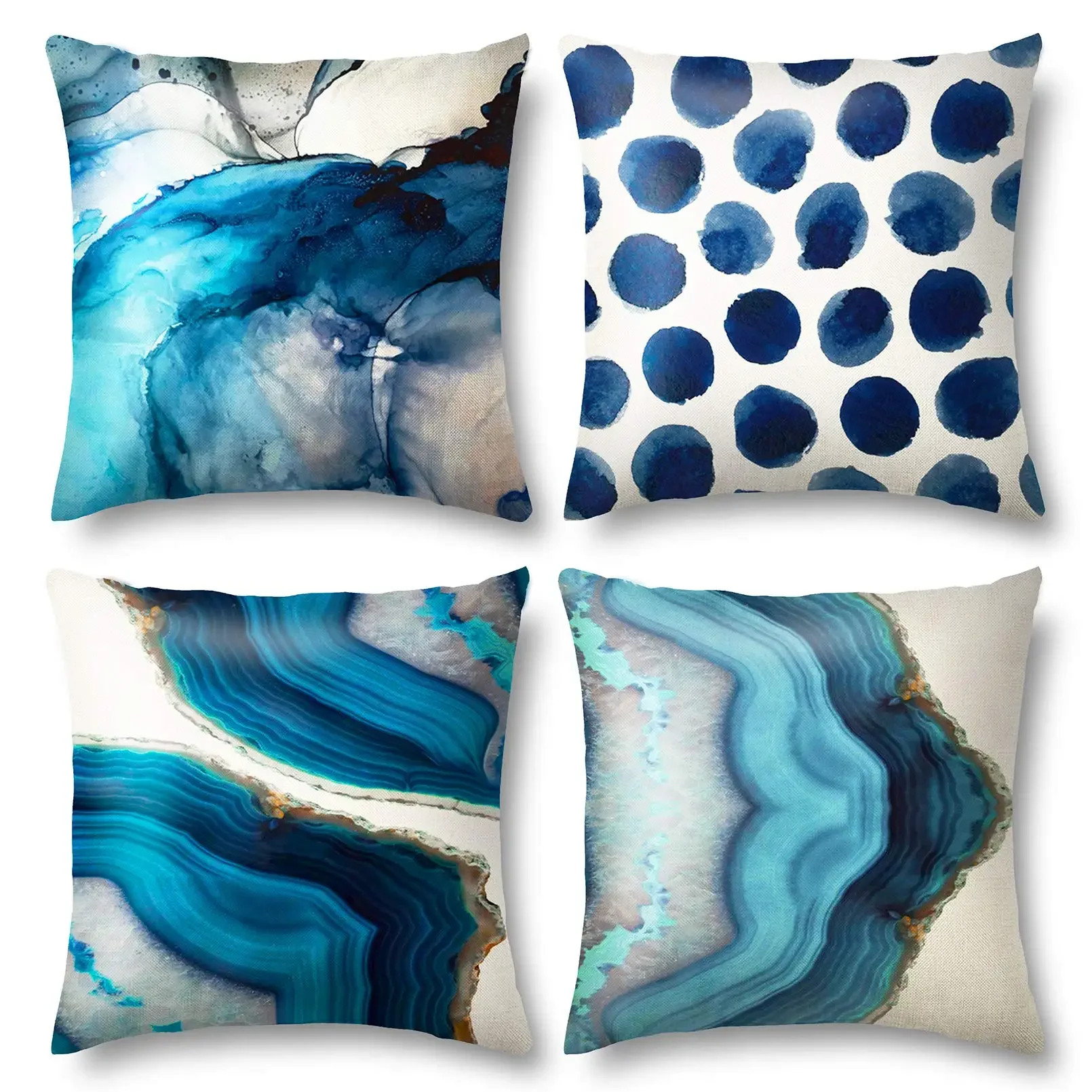 Blue ink strokes polka dot linen pillowcase sofa cushion cover home decoration can be customized for you 40x40 50x50 60x60 45x45