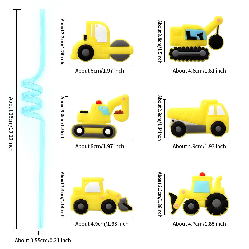 Deluxe Construction Vehicle-Themed Reusable Straw Set - Perfect for Parties & Gatherings, 12-Piece Collection