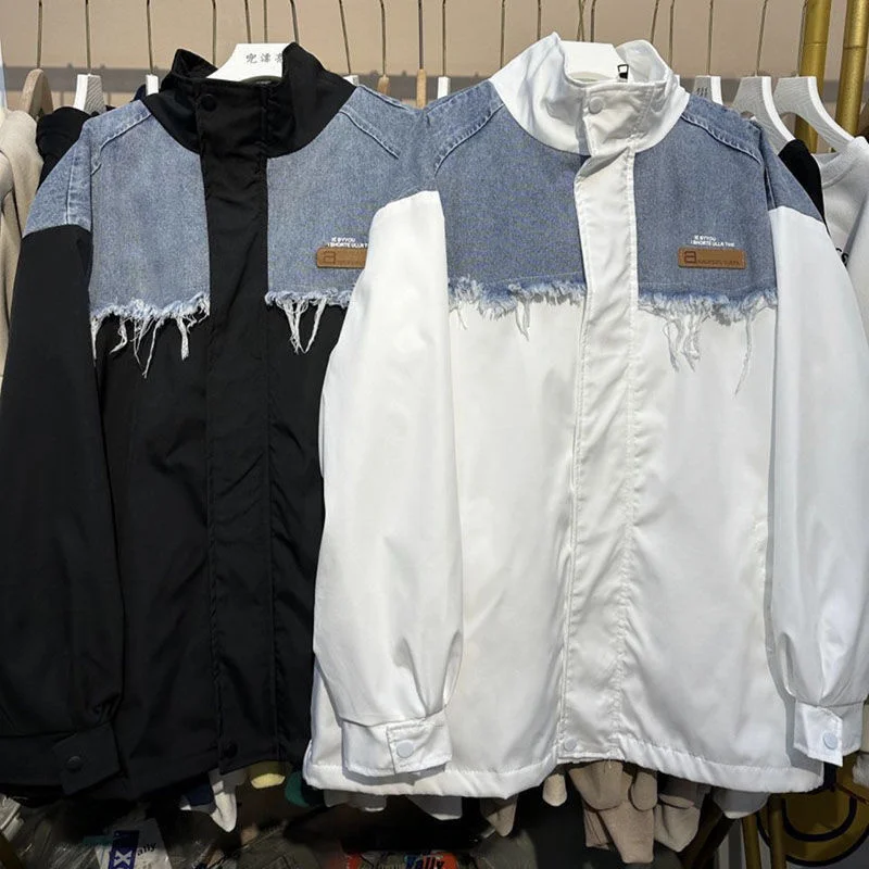 

2023 Spring Autumn Fashion Medium Long Female Clothing Zipper With Hood Splicing Cowboy Jacket Women All-match Loose Jackets