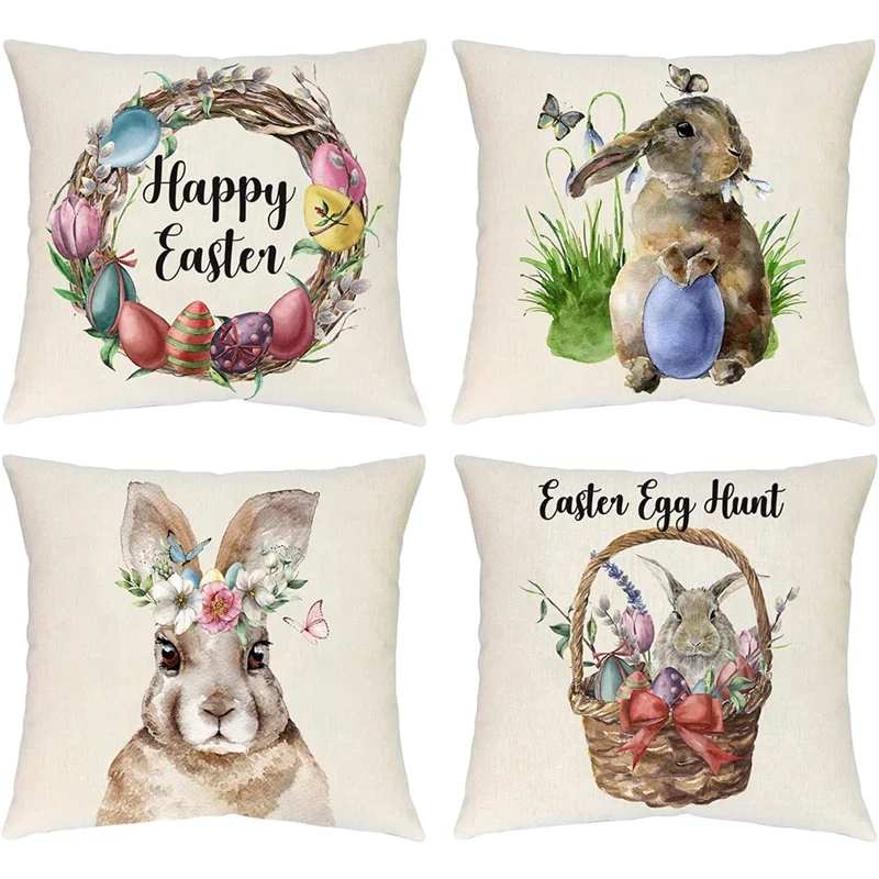 

Spring Easter Pillow Covers 18X18 Set Of 4, Decorations Farmhouse Throw Pillows, Cushion Case For Couch Home Decor