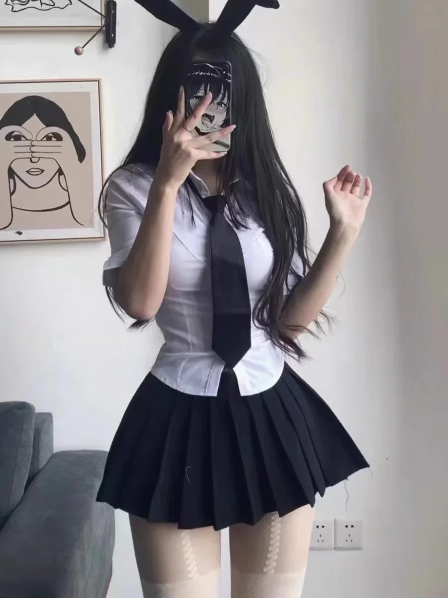 

Spicy Girl Uniform Suit Student Daily Japanese JK Uniform Set Women Long Sleeved Slim White Shirt Mini Pleated Skirt Summer
