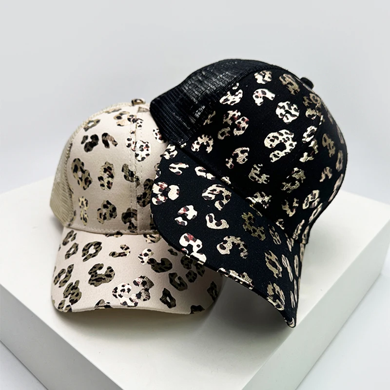 Women Bronzing Leopard Print Criss Cross Tail Baseball Hats Mesh Breathable Sunshade Versatile Trucker caps Fashion Washed