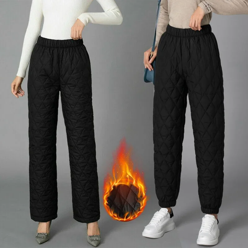 Women Winter Warm Down Cotton Pants Padded Quilted Trousers Elastic Waist Casual Trousers Outwear Thick Warm Cotton Pants
