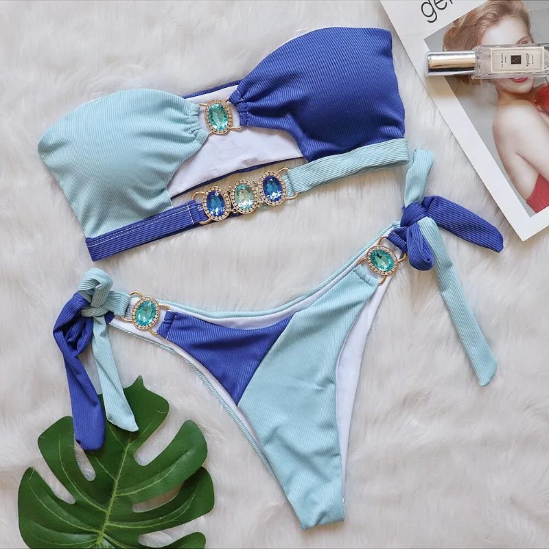 Women's Rhinestone Colourful Cutout Bandeau Bikini Set Sparkly Rave Outfits Two Piece Sexy Swimsuit Bathing Suit