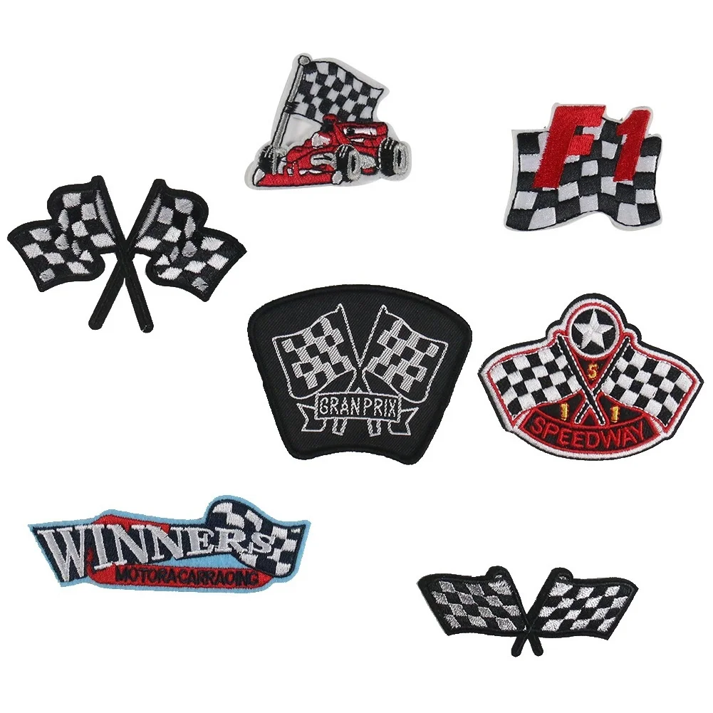 Cartoon Racing Game Logo Retro Plaid Flag Series Per Abbigliamento Cappello Fai Da Te Stiratura Ricamo Patch Appliques Accessori Per Vestiti