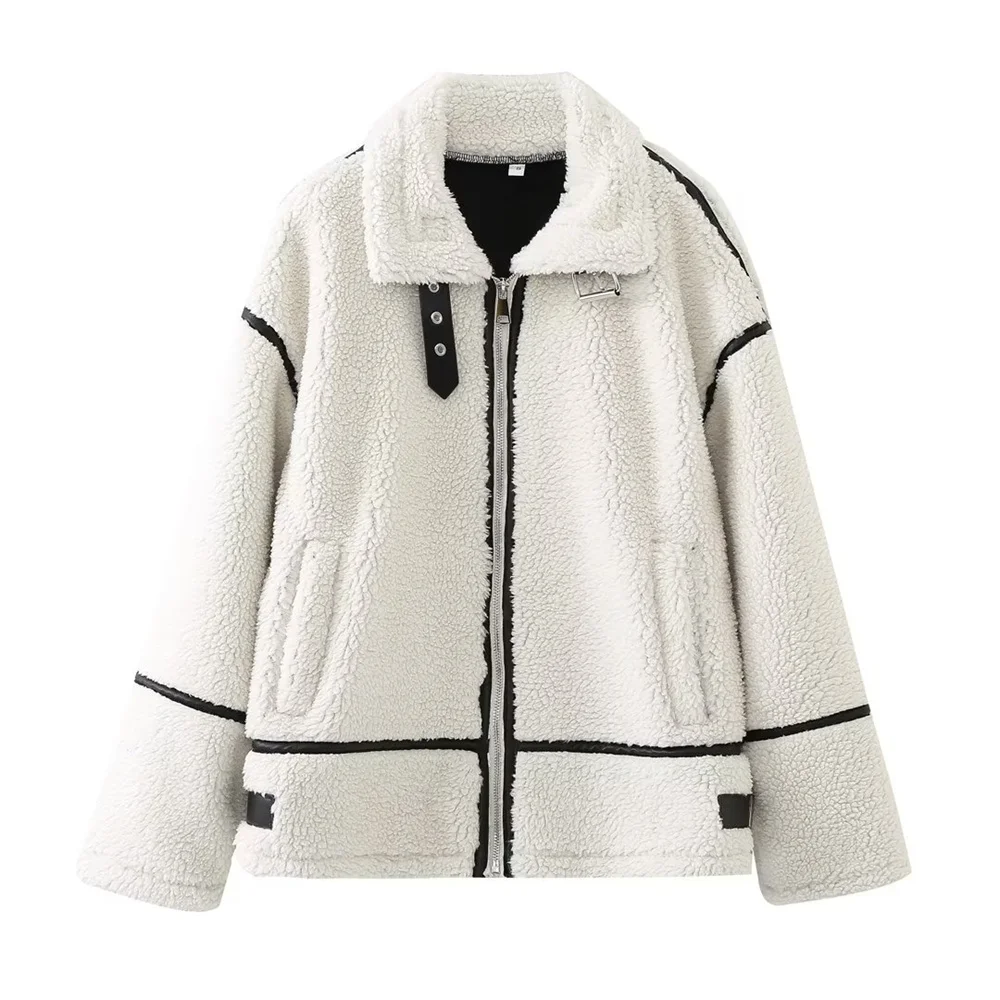 PB&ZA 2023 Autumn New Women's Wear European and American Style Casual Fur One Piece Lamb Wool Contrast Color Plush Warm Jacket C 2