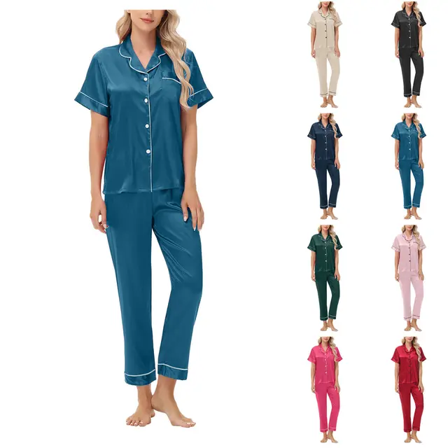 Women Satin Pajamas Cozy Lounge Set Winter Long Sleeve Buttons Lapel Top & Pants Loungewear 2 Piece Sleepwear Button-Down Pj Set 5