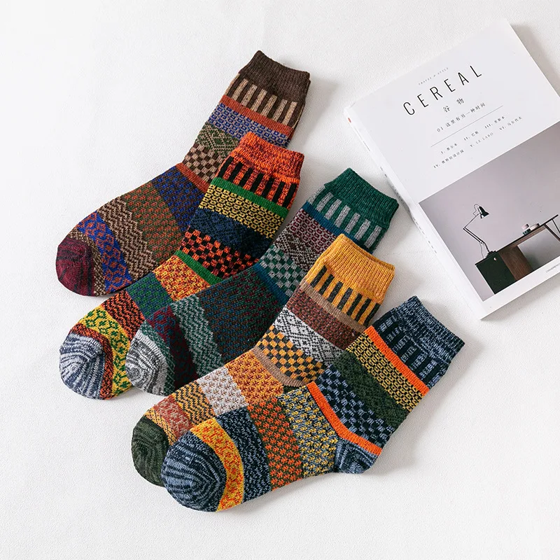 Mens Winter Wool Socks - Warm Colorful Retro Style for Snow Boots EU Size 38-44