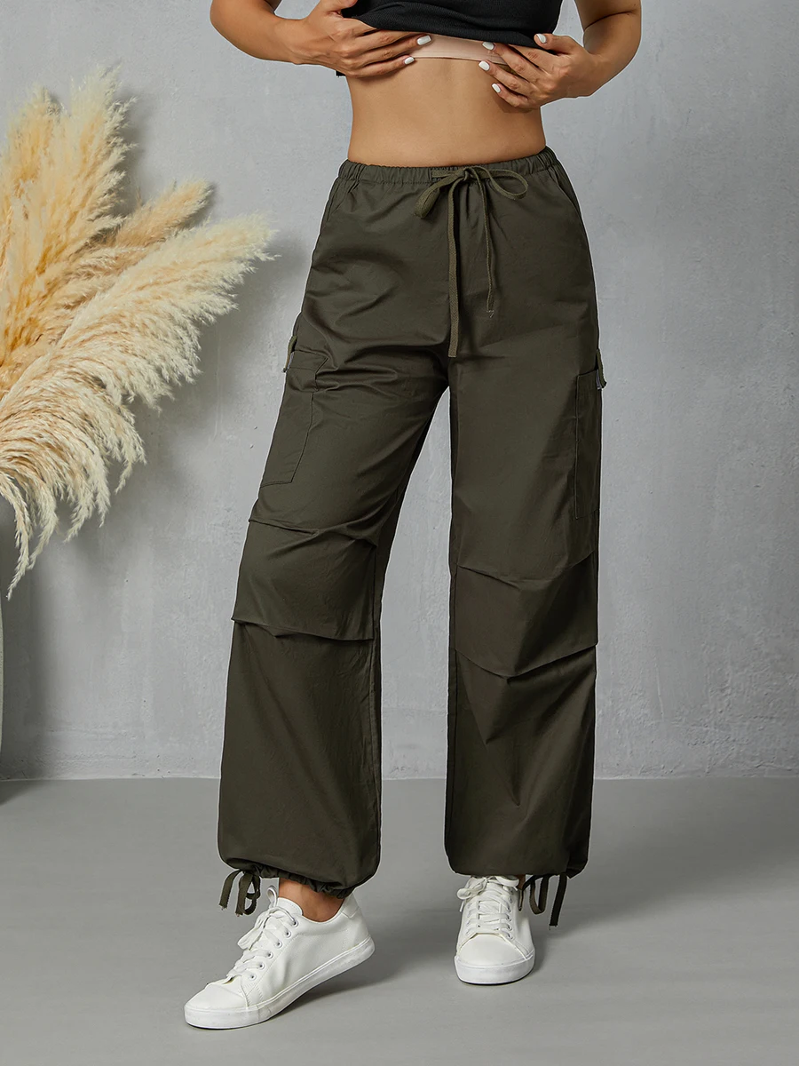 

Fashion Women's Wide-leg Cargo Pants Adults Casual Solid Color Drawstring Women's Trousers with Pockets Streetwear Autumn
