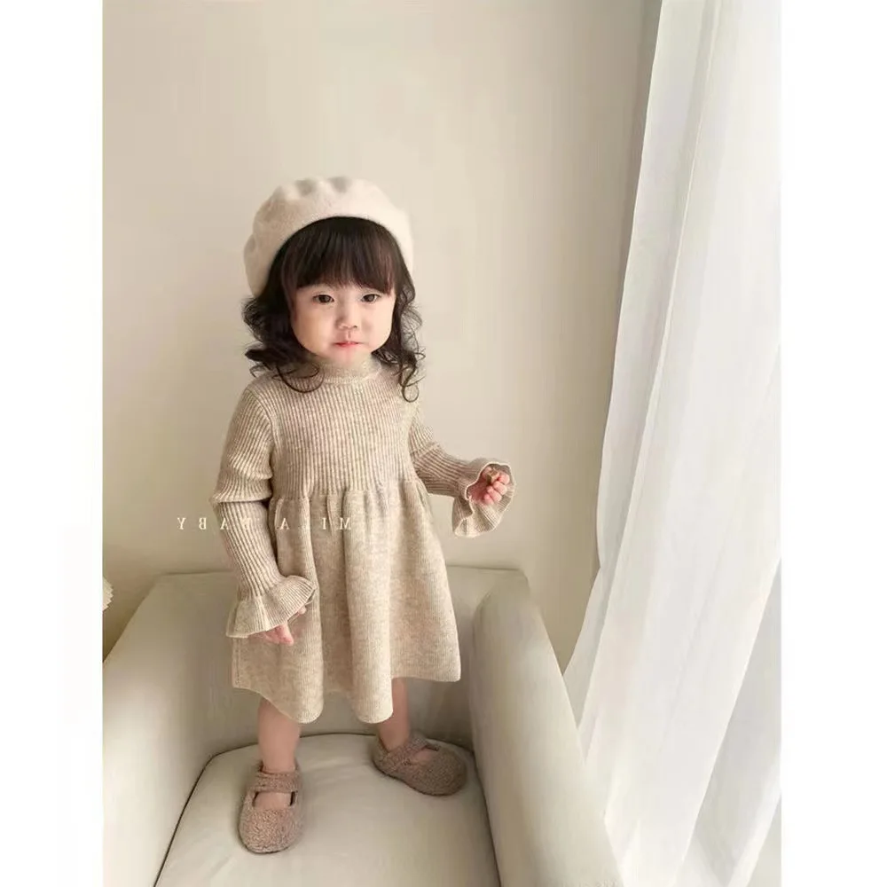 Vestidos casuales para niñas, ropa para niños, falda de hilo de lana, tejido de manga larga, capa inferior coreana para bebés, invierno, nuevo