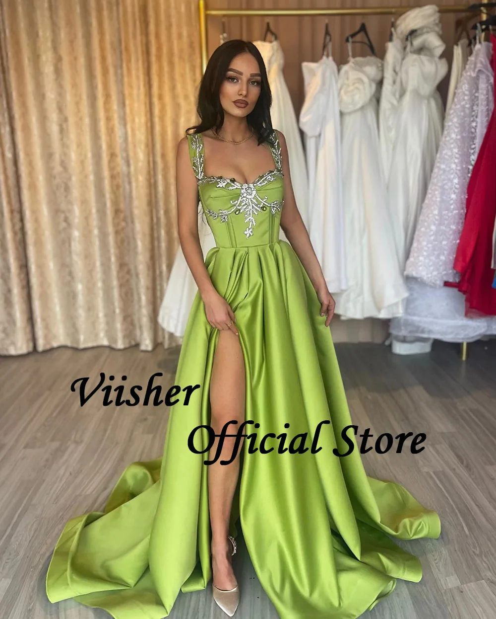 Viisher Green A Line Evening Dresses Beads Draped Satin Long Formal Prom Dress with Slit Long Women Evening Party Dress