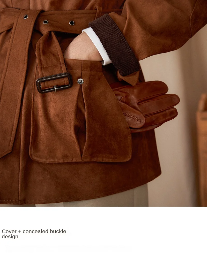 Gentry High-Style Wildleder-Jagdjacke, Gürtel, mehrere Taschen, warme, schmal geschnittene Freizeitjacke für Herren – Detail 17