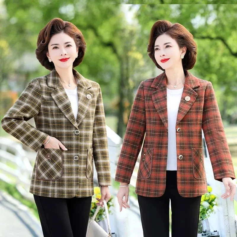 Lined Suit Woolen Short Coat Simple High-end Fashion Middle-Aged And Elderly Women Loose Casual Temperament Slim Plaid Top  Tide