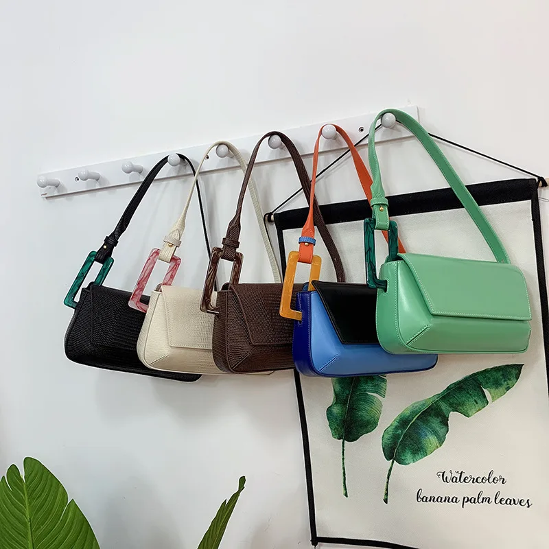 

2023 Spring Niche French Vintage Underarm Shoulder Handbag Acrylic Lock Color Genuine Contrast Square Buckle Leather Armpit Flap