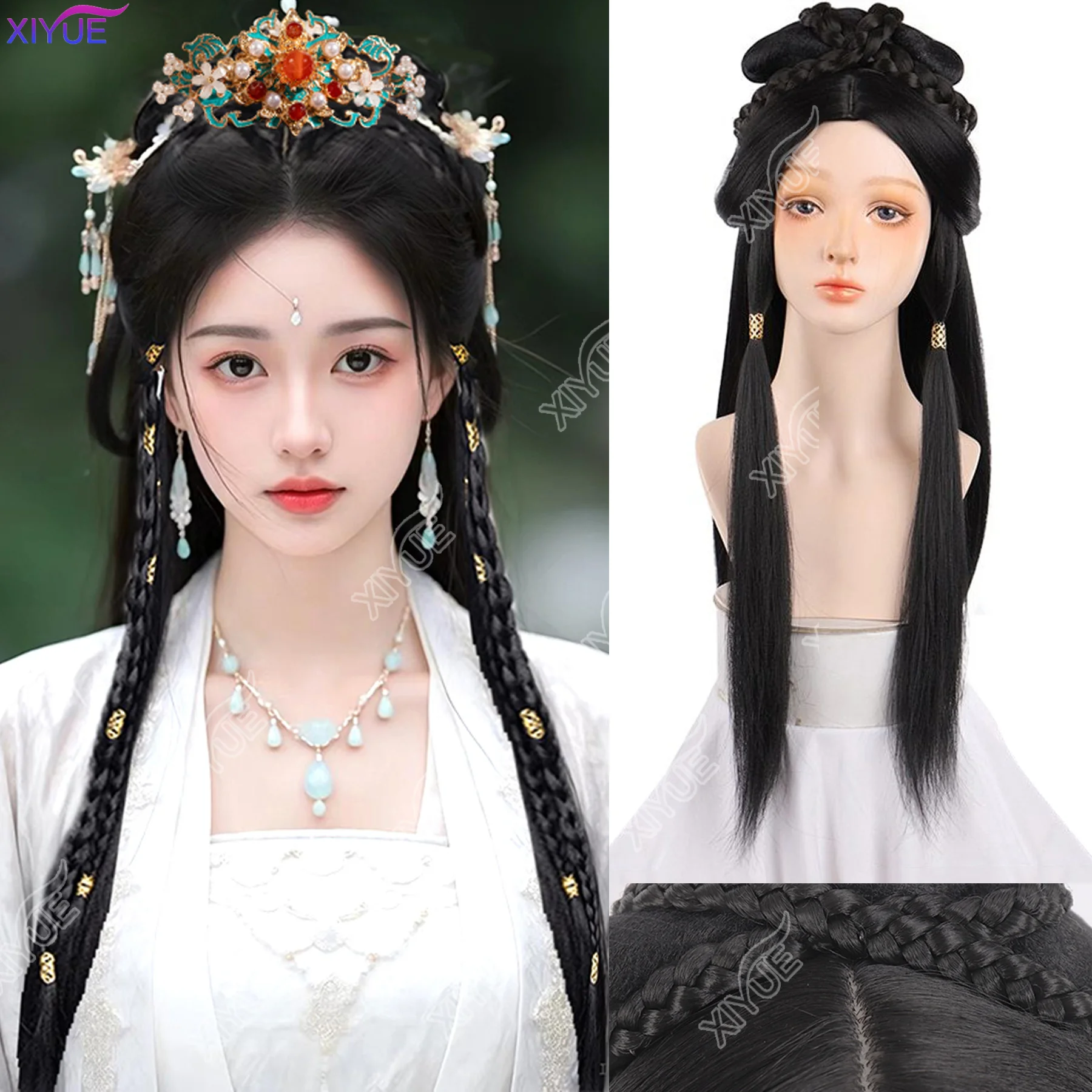 Hanfu Wig Headband Women Chinese Style Synthetic Hair Piece Antique Modelling Cos Pad Hair Accessories Headdress Black