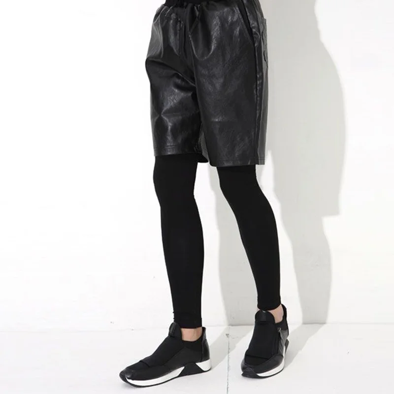 Men Soft Black Matte Faux Leather Straight Shorts Casual Loose Elastic PVC Trouser Night Club Sweat Pants 2024 Summer 4