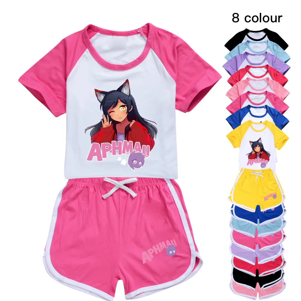 Anime Aphmau Cat Clothes Kids Summer Short Sleeve Tops Shorts 2pcs Sets Baby Girls Cartoon Tshirt Teenager Boys Causal Sportsuit