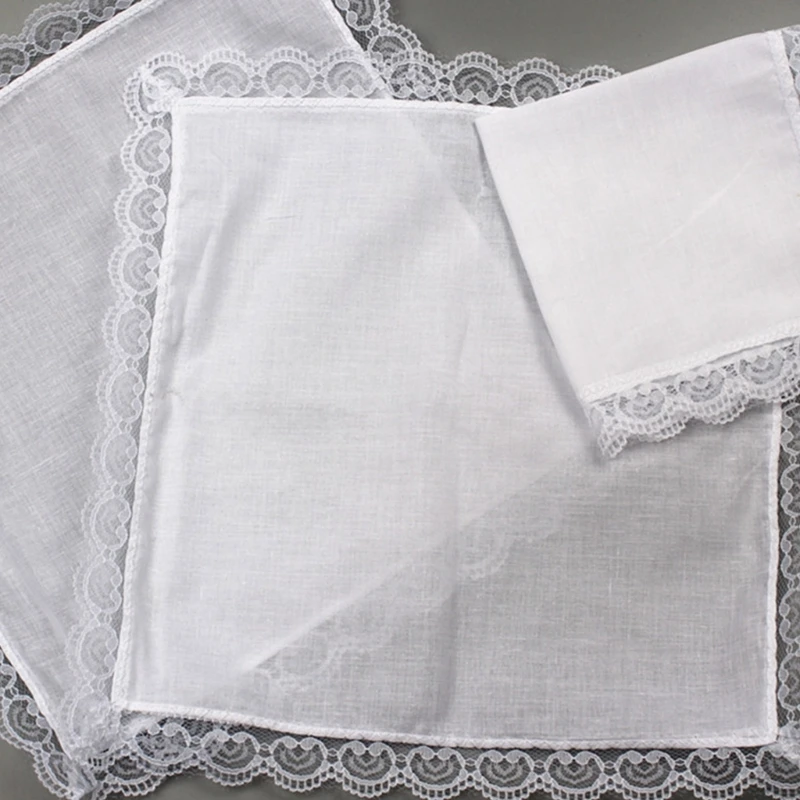 Lightweight White Handkerchief Cotton Lace Trim Hankie Washable Chest Towel Pocket Handkerchief for Adult Wedding Party 10CF