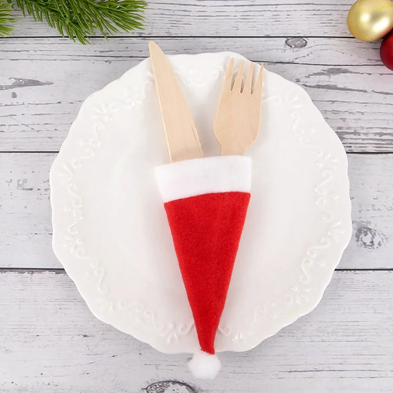 10pc Christmas Cutlery Bag Mini Santa Claus Hat Wine Bottle Caps Knives Forks Pocket Xmas Party Dinner Table Decor New Year