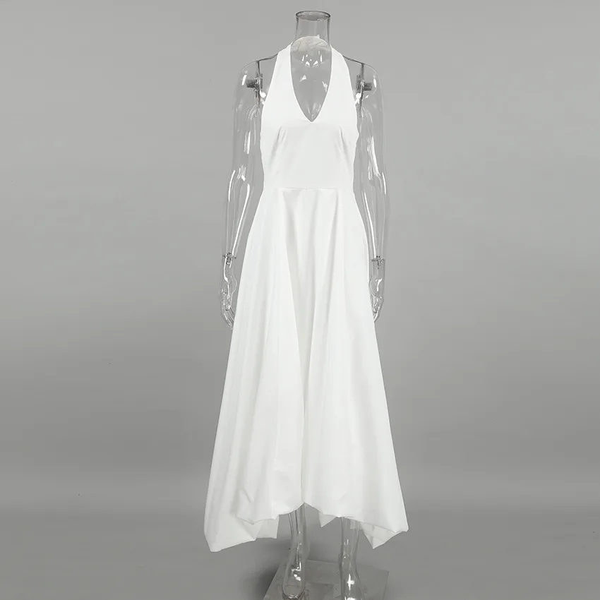 White V-Neck Backless Long Dress Female Sleeveless High Waist Fashion Elegant Luxury Bodycon Dress Women Solid Maxi Dress
