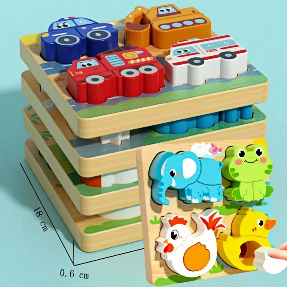 4-in-1 Wood Puzzle 3D Cartoon Animals Cognitive Jigsaw Puzzle Portable Safe Early Learning Puzzle Set Children Educational Toys