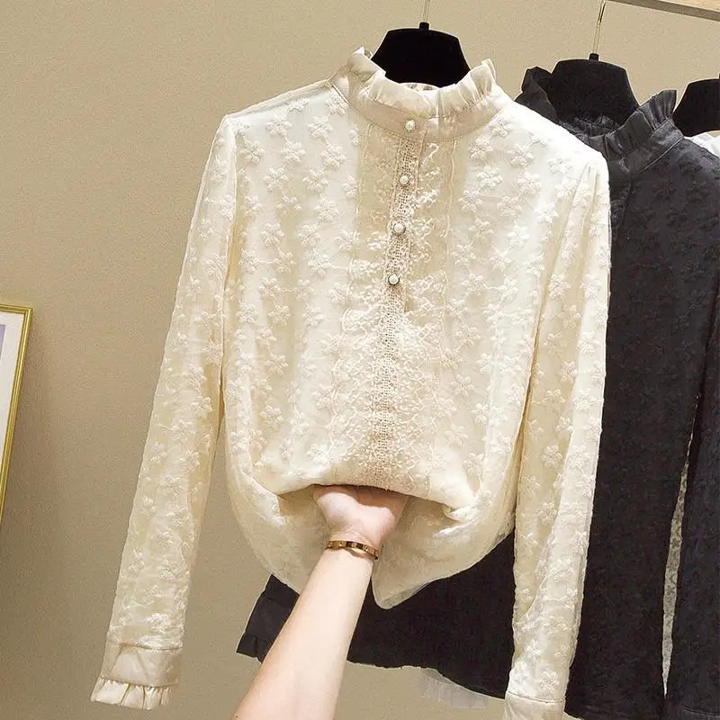 

Women's Autumn and Winter New Fashion Elegant Solid Lace Pullover Standing Neck Long SleeveCasual Versatile Commuter PopularTops