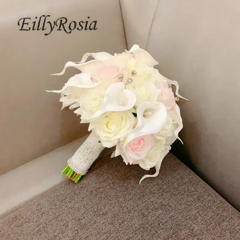 EillyRosia Real Touch White and Pink Wedding Bouquet for Bride Calla Lilies Rhinestones Roses Romantic Lace Ribbon Fake Flowers