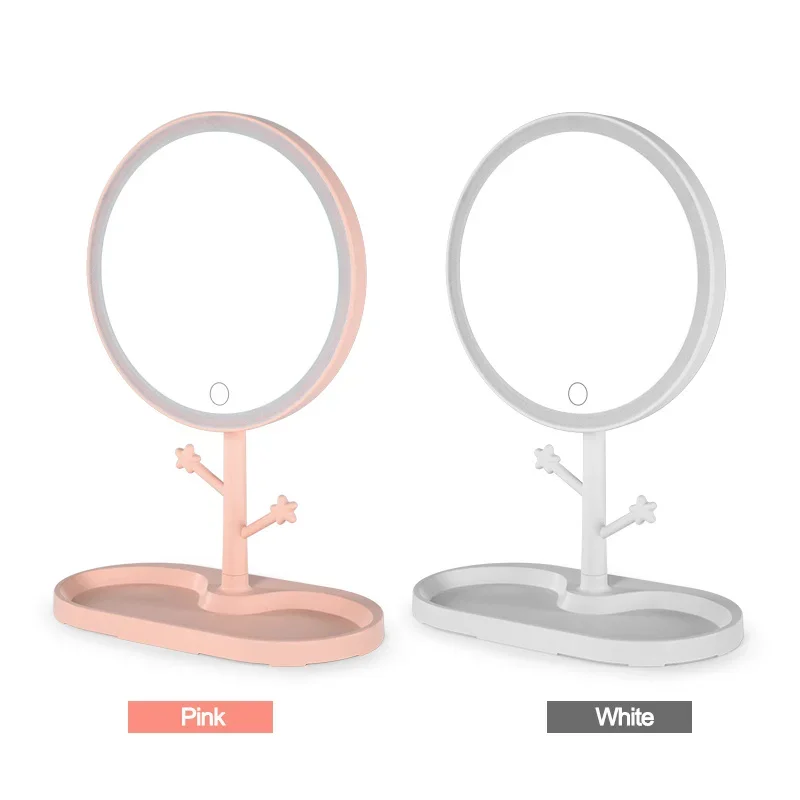 스마트 터치 대형 섀시 보관함 포함 화장품 거울, LED 메이크업 거울, 화장대 거울, 지능형 조광 조명, USB 케이블