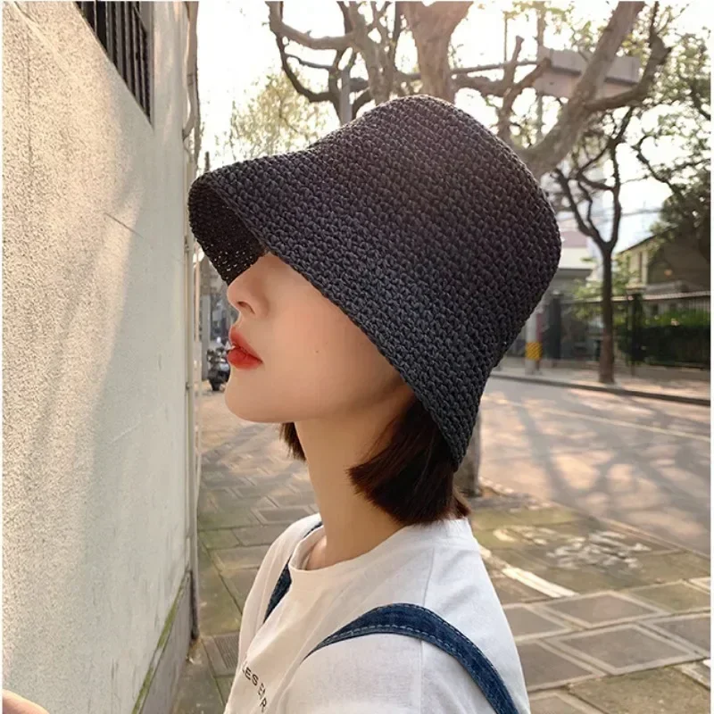 Korean Straw Bucket Hat for Women - Handwoven Summer Beach Visor, Fisherman Panama Sun Hat, Stylish Wide Brim Chapeau벙어리 모