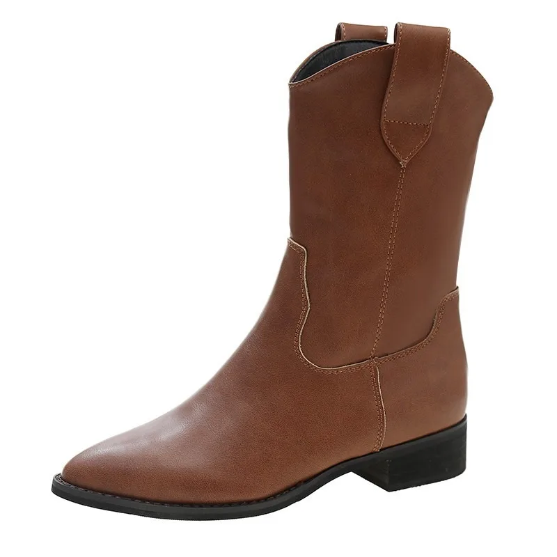 Shoes Female 2023 Plus Size Women's Boots Mid-Calf Modern Boots Women Solid Slip-on Pointed Toe Square Heel Retro Female Shoes