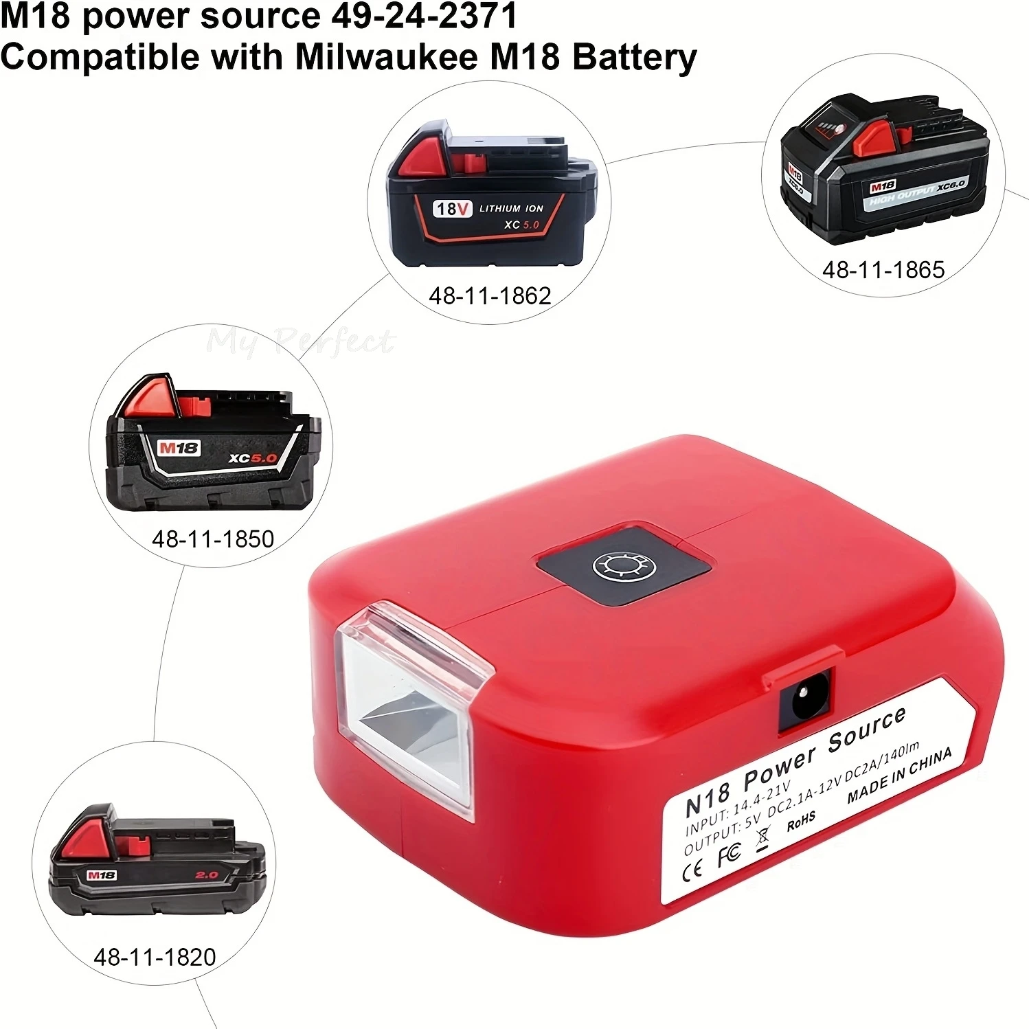 배터리 어댑터 밀워키 용 14.4-18V 리튬 이온 배터리 3W 140lm LED 작업 조명 2 USB-A 빠른 충전 포트 12V DC Outlet Milwaukee Tools 액세서리 M18 배터리 캠핑 비