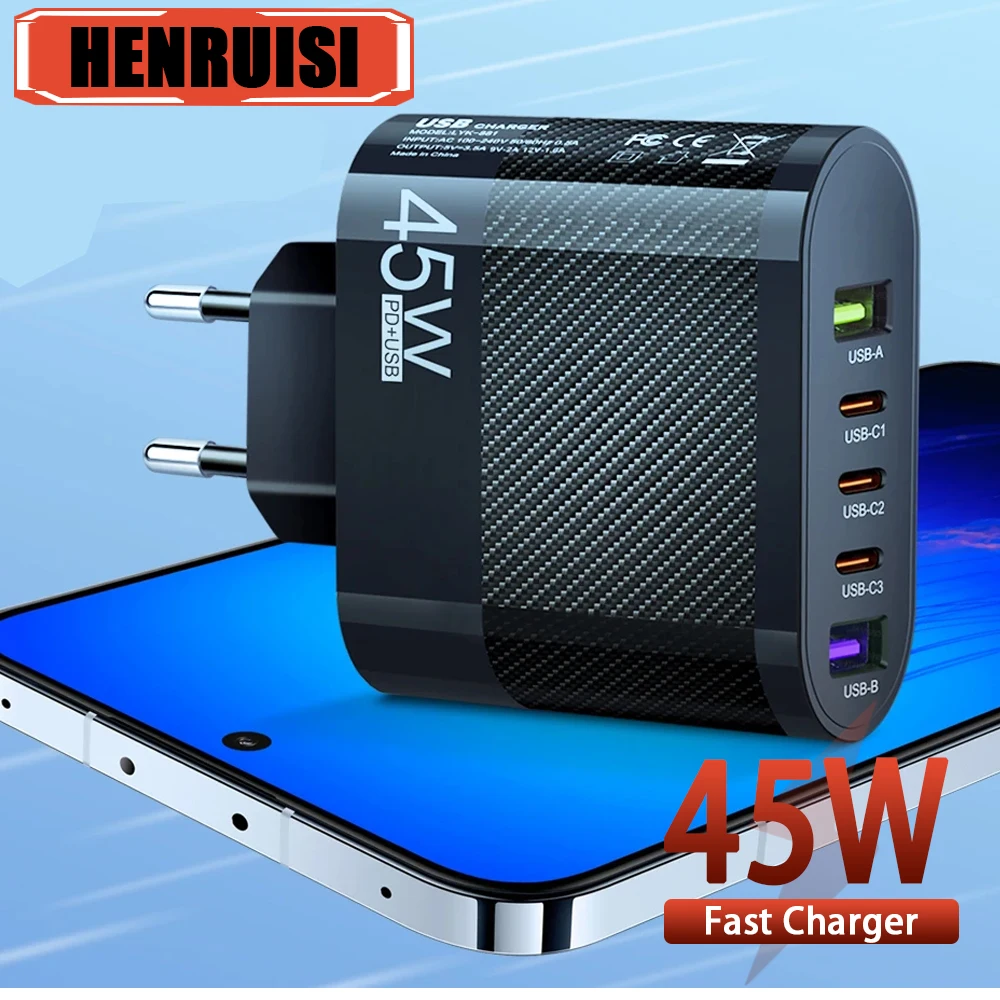 45W 5-Port Fast Charging USB C QC 3.0 Power Adapter iPhone 15 14 Xiaomi Samsung Huawei power adapter cellphone adapter power charger