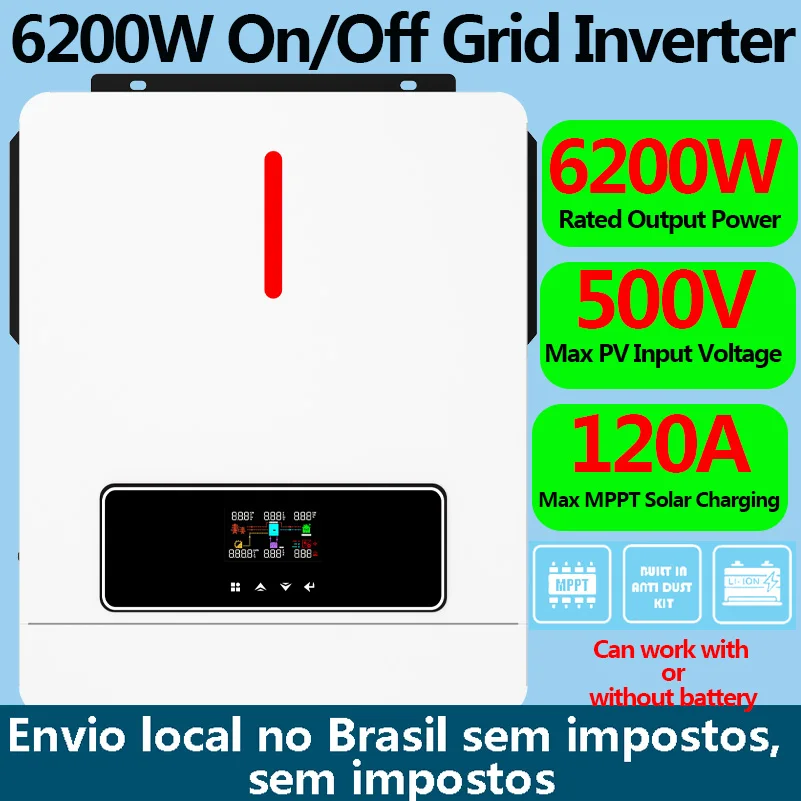 6200W Inverter Ibrido 48V Batteria Onda Sinusoidale Pura On/Off Grid Inverter Ac 220/230/240V Mppt 120A Max Pv Input 500V Pv Power 6500W
